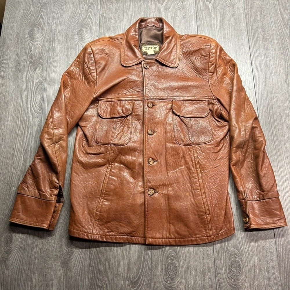 Vintage Tip Top Brown Leather Jacket Pleated Back Button Front Mens 44 Cognac